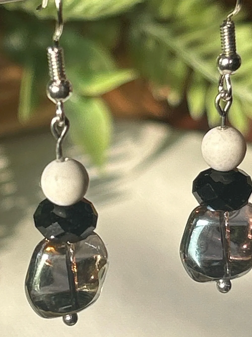 Silver-Tone Dangle Earrings with White, Black and Smoky Beads